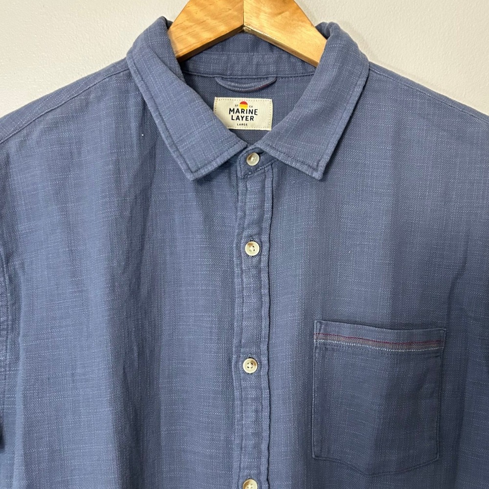 Marine Layer Stretch Selvage Shirt Mens Large Blue Short Sleeve Cotton Button Up